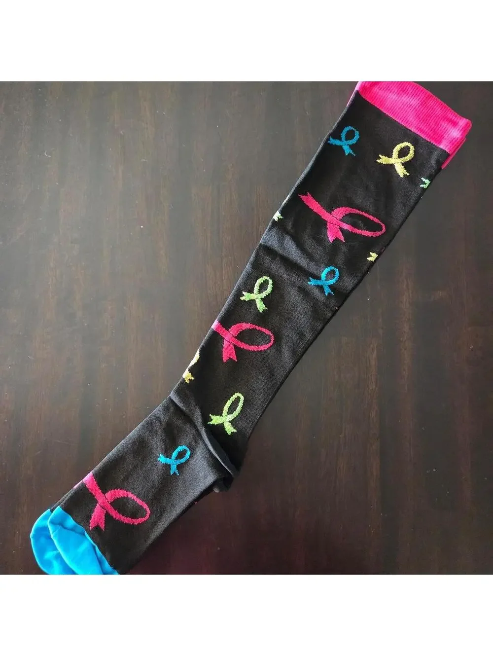 1 pair Black socks with pink, blue, and green ribbon graphics #ribbons #colorful